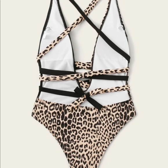 SHEIN Leopard Criss Cross Plunging One Piece Swimsuit - Picture 3 of 3
